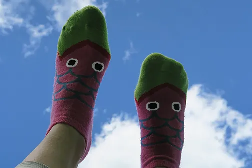 digital photography by Camille Rosenfeld of a pair of feet held up to the blue sky, wearing pink socks designed with scales, green tips, and cartoon eyes