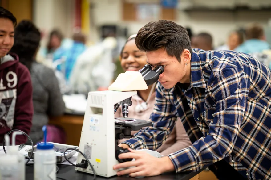 Biology class student looking at microscope 