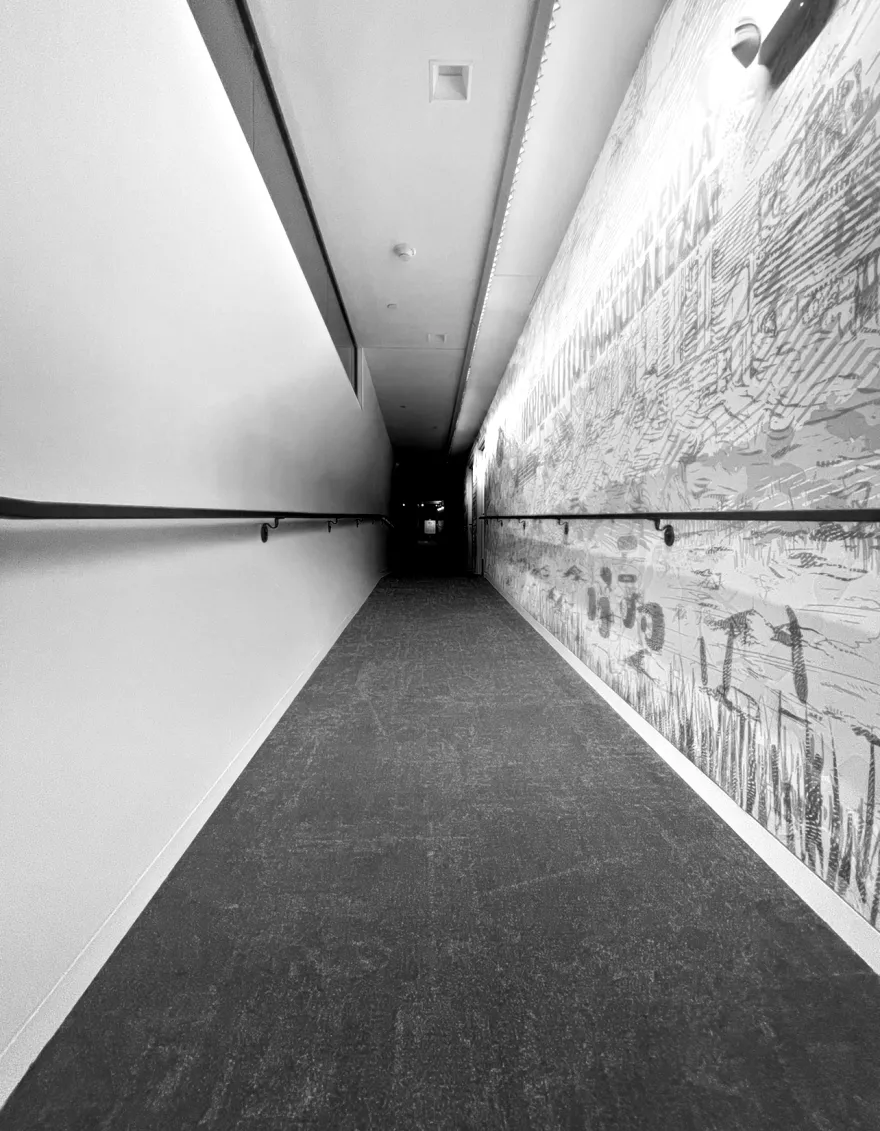 black and white hallway photo