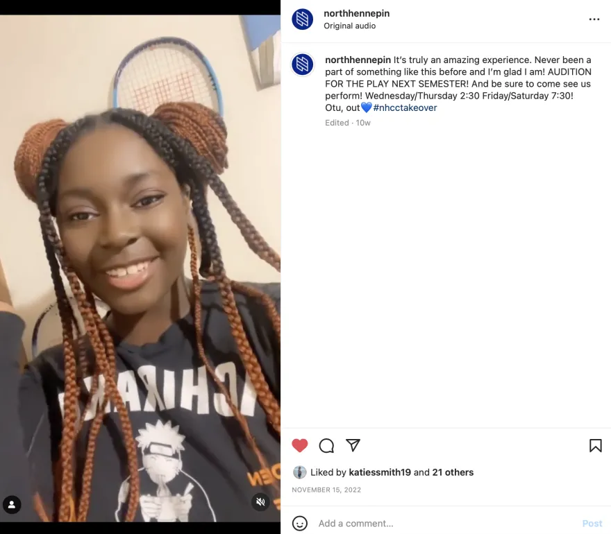 nhcc student mimi, filmed an IG reel talking about being in a theater show
