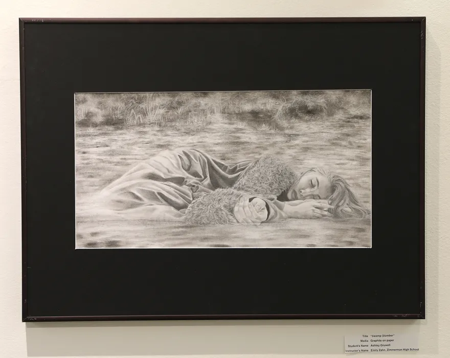 a sketch of a woman laying peacefully in a swamp 