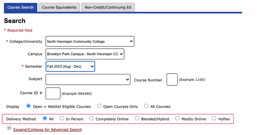 a screenshot of the course search in eservices 