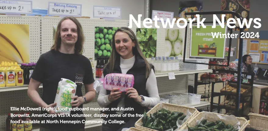 a screenshot from a Food Group newsletter featuring a photo of NHCC Care Center staff Ellie and Austin in the Food Cupboard