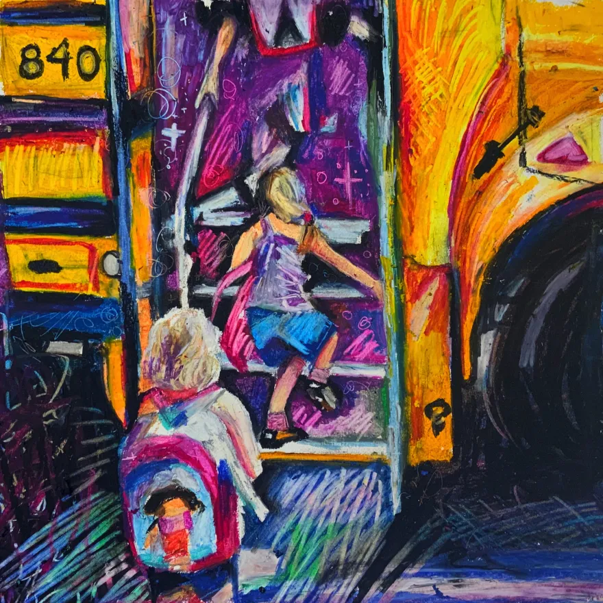 colorful painting of child getting on school bus