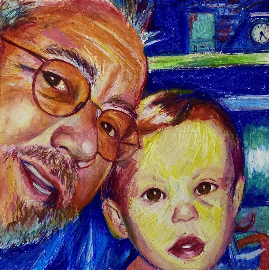 painting of a child next to a man with glasses