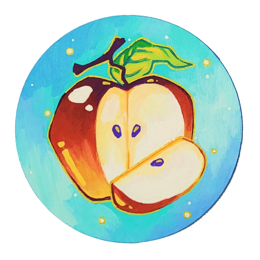 painting of an apple on wood 