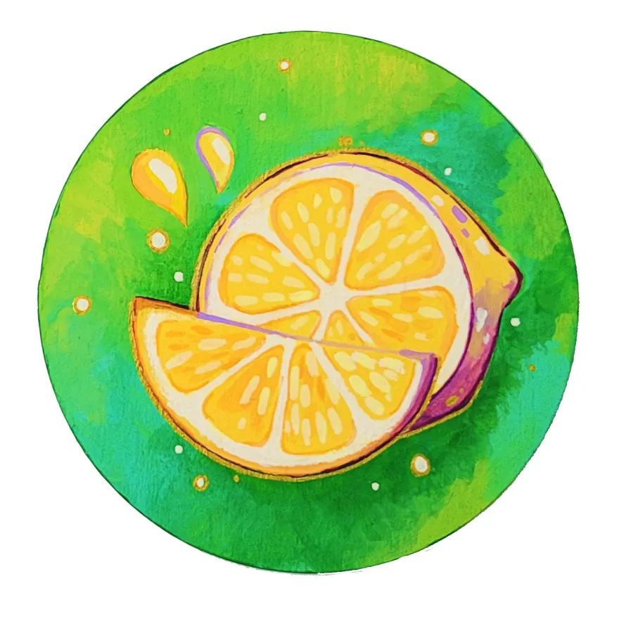 painting of a lemon on wood 