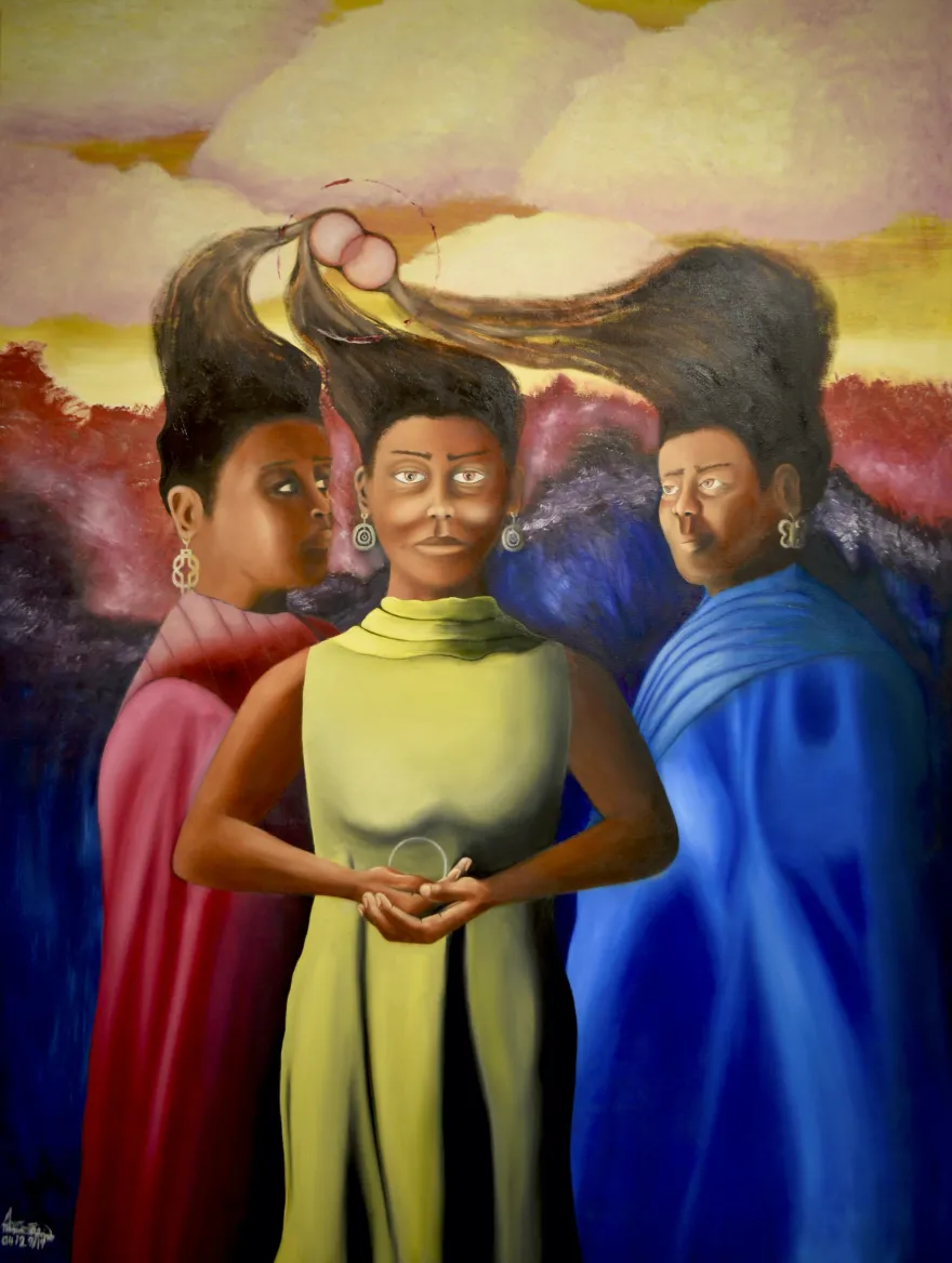 a photo of an oil painting of three women, titled Bringers of Peace by Nana Aforo, guest artist. 