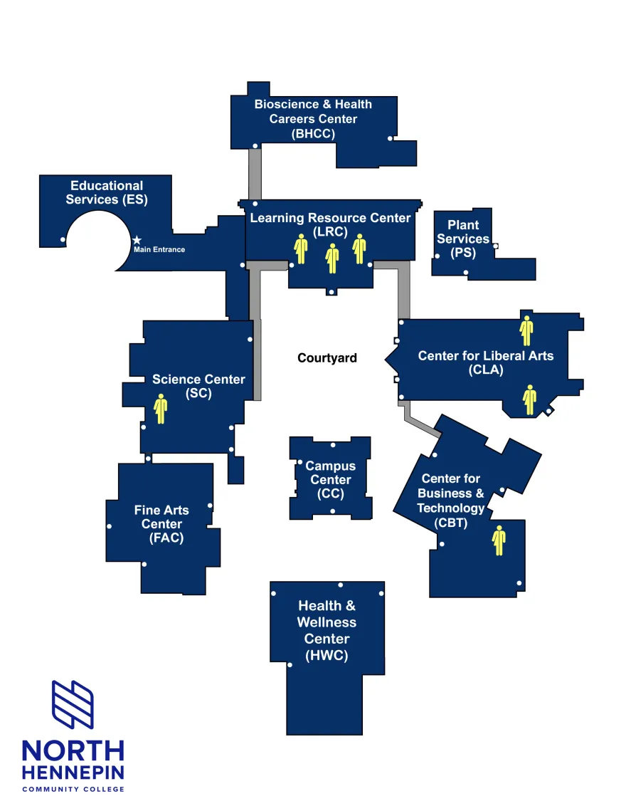 map showing all gender restrooms in the LRC, CLA, SC, and CBT buildings