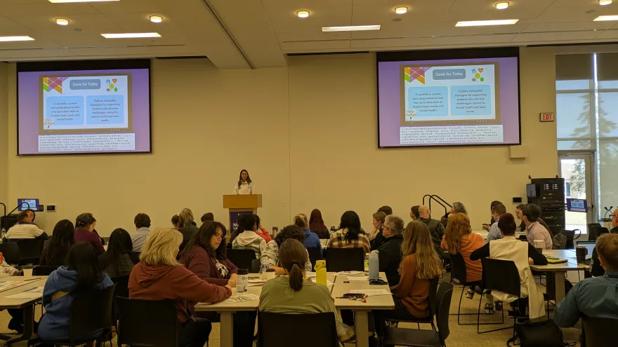 a photo of NHCC Social Worker, Ellie presenting in Helling Hall. 