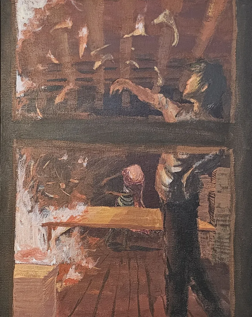 this is a painting by NHCC student, Pha Moua titled, Burning Office.