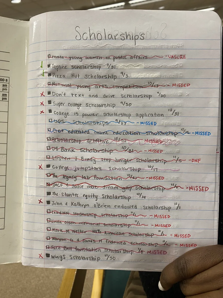 this is a photo of NHCC student, Lizzy's notebook that she uses to write scholarships on each line, along with the deadline date. 