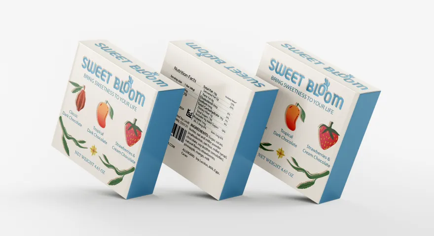 This is a graphic design mock up file of three boxes of chocolate that a student designed. 