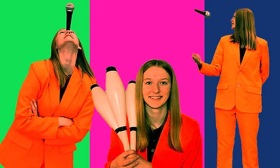this is a photo of a keynote speaker named Kayla James who will be visiting NHCC to talk at a Career Services event on how to find your purpose. This is a photo collage of three photos of Kayla. In the first photo on the left, Kayla is wearing an orange suit balancing a microphone on her forehead with a green background. In the 2nd photo she smiles holding 3 clubs wearing an orange suit with a pink background, in the 3rd photo Kayla wears an orange suit with a blue background throwing the microphone.