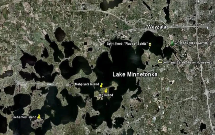 map showing lake Minnetonka and a few sites including the big island and enchanted island. 