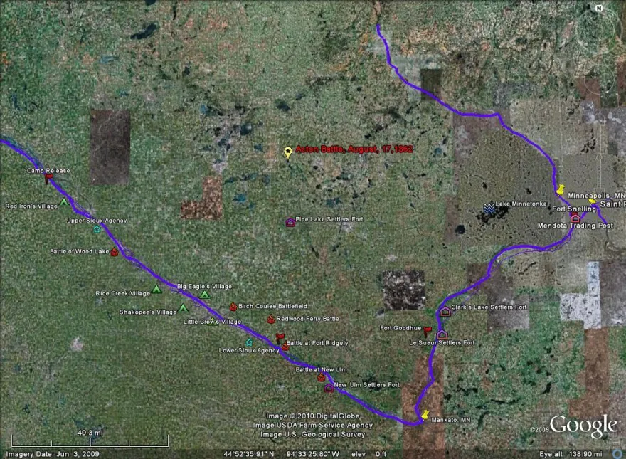 map showing battle sites with a purple line that goes from Fort Snelling down to Mankato and up passed Shakopee. 