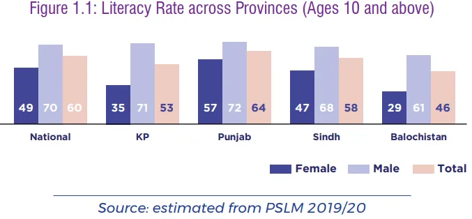 A graph showing Literacy Rates for Pakistani males and females across Provinces.