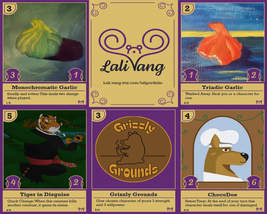this is a digital illustration created by NHCC student, Lali Vang titled, Trading Cards. A grid of six illustrated trading card-style designs surrounding a central title panel reading ‘Lali Vang’ with a portfolio link. The cards feature colorful artwork including painted garlic studies, a tiger in clothing, a bear-themed coffee logo, and a dog chef character, each with game-style numbers and descriptions, all set in a purple and gold themed layout.