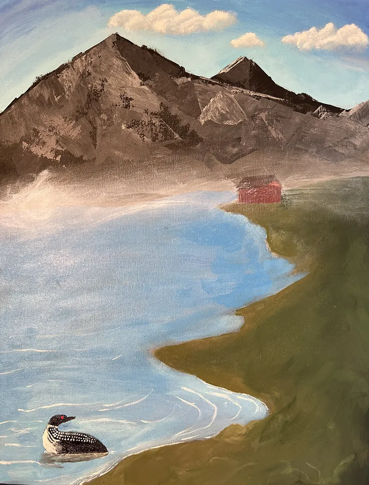 this is a painting by NHCC student, Katelyn Poncin titled, Loon of the Lake for the Spring 2026 Capstone course. 