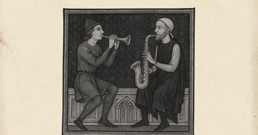 this is a black and white illustrated graphic of two friends playing the trumpet and saxophone together. 