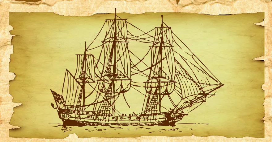 this is an illustrated design of an old timey ship on ripped, wrinkled paper.