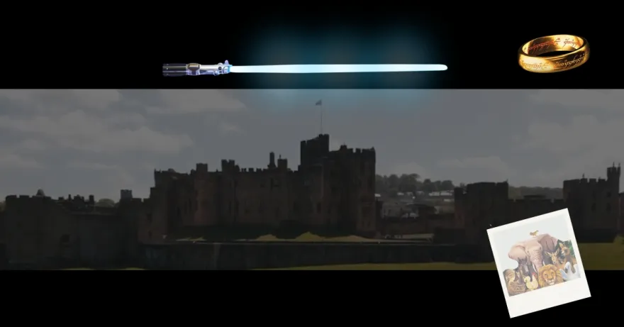 this is a photo of a lightsaber, a gold ring, a castle and a polaroid photo of zoo animals. 