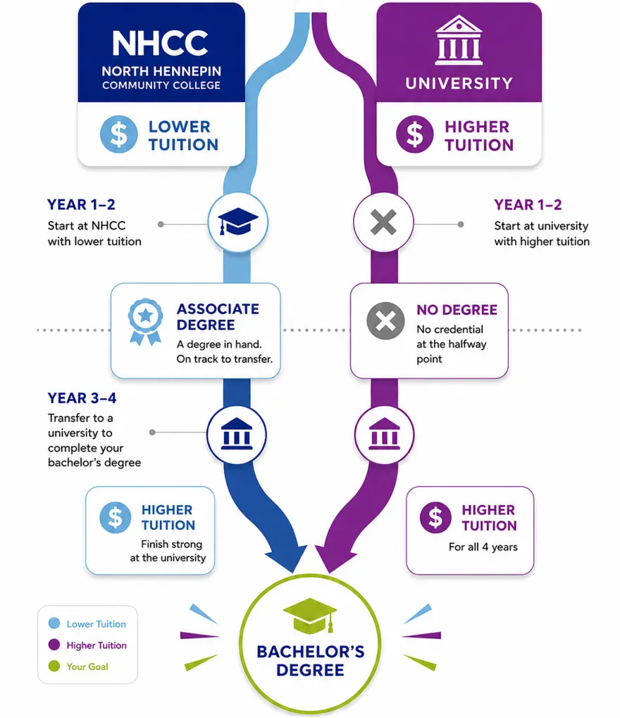 Comparison of two paths to a bachelor’s degree showing starting at North Hennepin Community College with lower tuition and earning an associate degree before transferring versus starting at a university with higher tuition and no degree at the halfway point