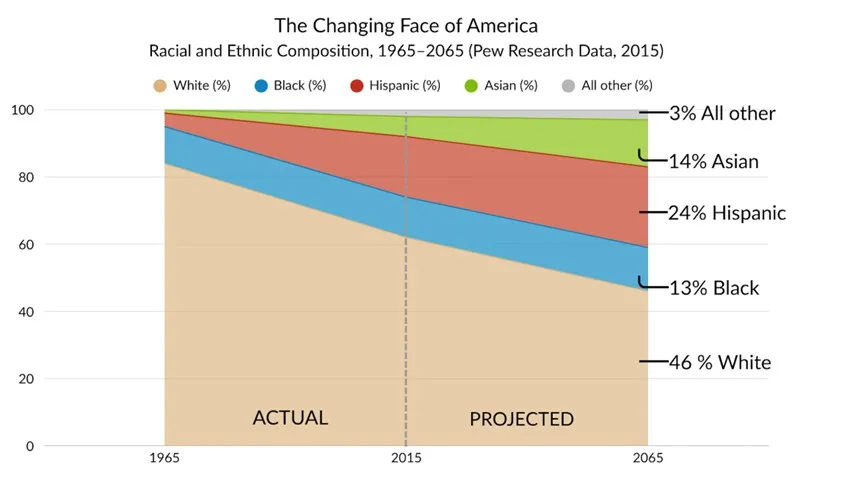 graph showing bone density in America from 1965 to 2065 project declines for all races.