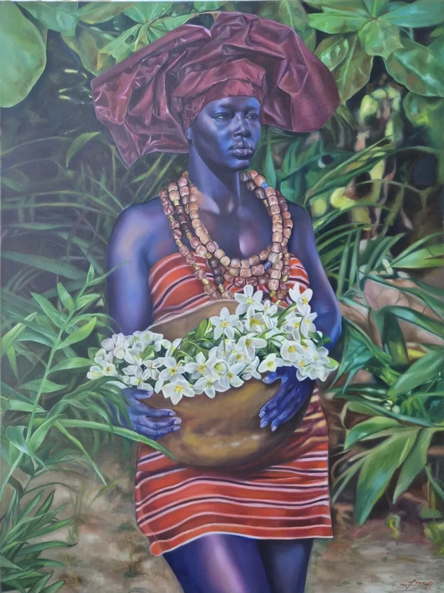 A colorful painting of a Black woman standing amid lush green tropical foliage. She wears a large burgundy headwrap, layered beaded necklaces, and a red-and-white striped dress. She holds a large bowl filled with white flowers, with additional flowers and greenery surrounding her.