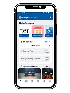 mobile phone with a mobile app with icons, images, and text. 