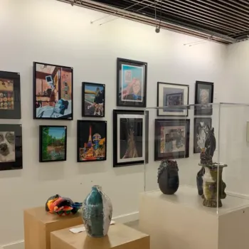 art gallery with colorful framed artwork 