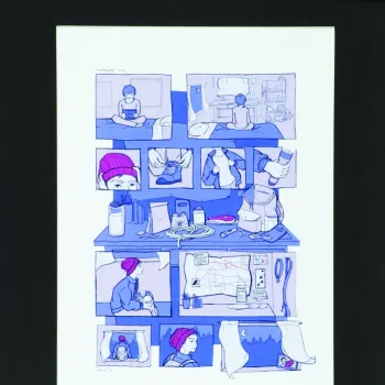 blue tinted comic over a black background 