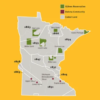 A map of the State of Minnesota with dates and places of treaties made with indigenous tribes of Minnesota.