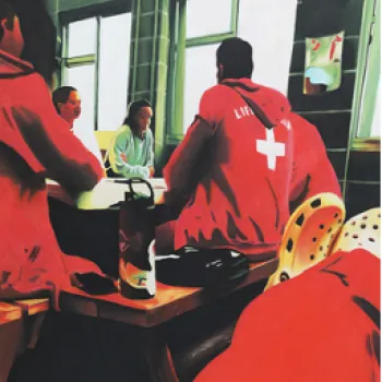 this is a photo of a pastel artwork of four abstract lifeguards sitting in red clothing on break, the artwork was done in pastel by Rogers High School student, Jasper Foley.  