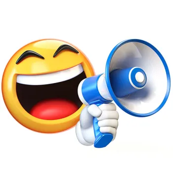 a yellow smiling emoji yelling into a blue megaphone. 